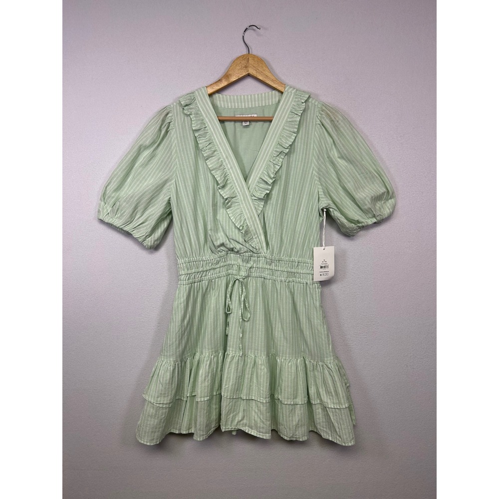 Cottagecore Free Assembly‎ NWT Women Med Sage Striped Ruffle Puff Sleeve Dress